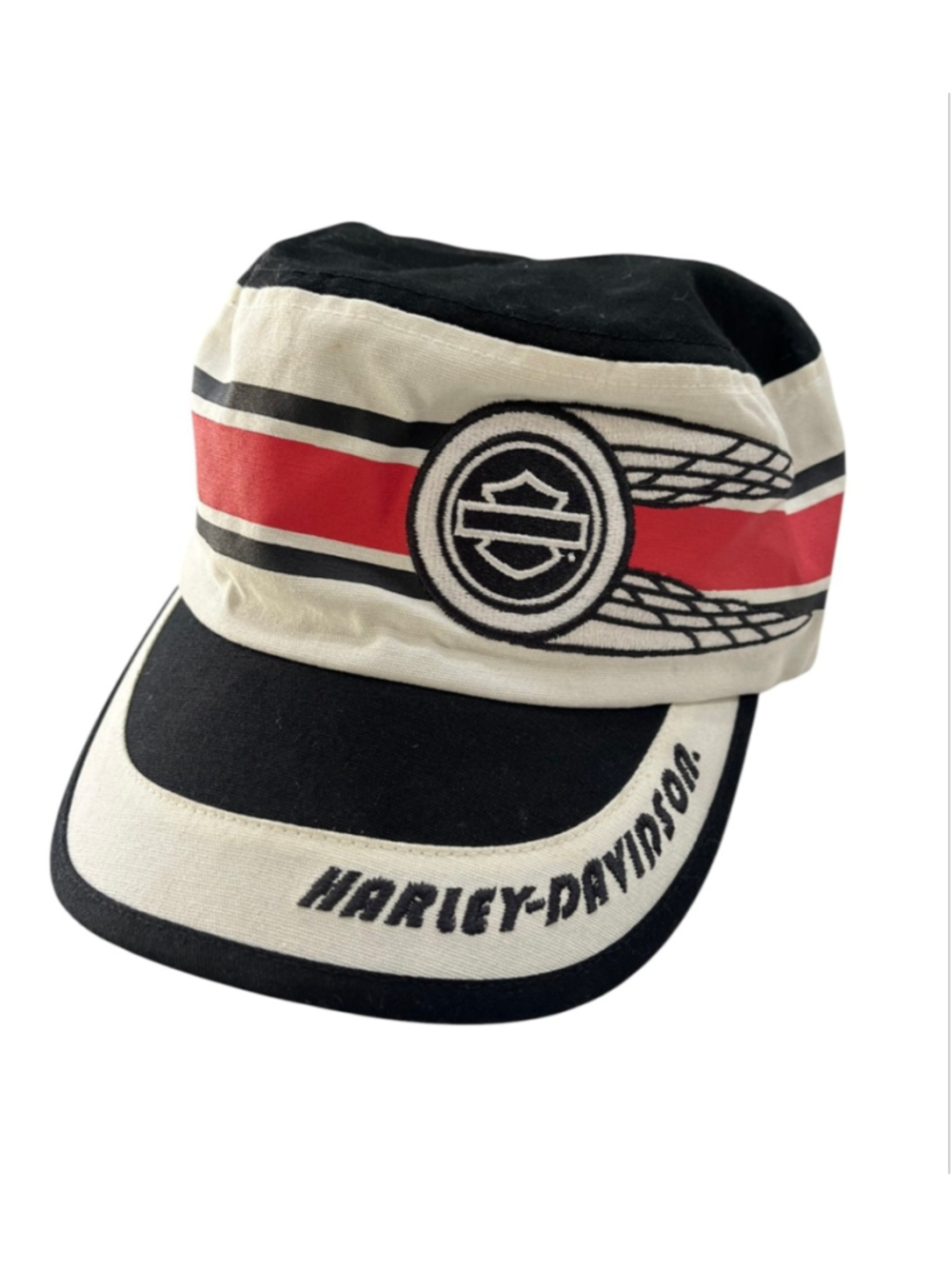 Harley Davidson Womens Race Stripe Flat Top Cadet Cap Hat Black White 97684-18VW